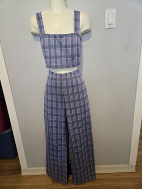 Plaid Wide-Leg Crop Top and Pants Set - Lavender